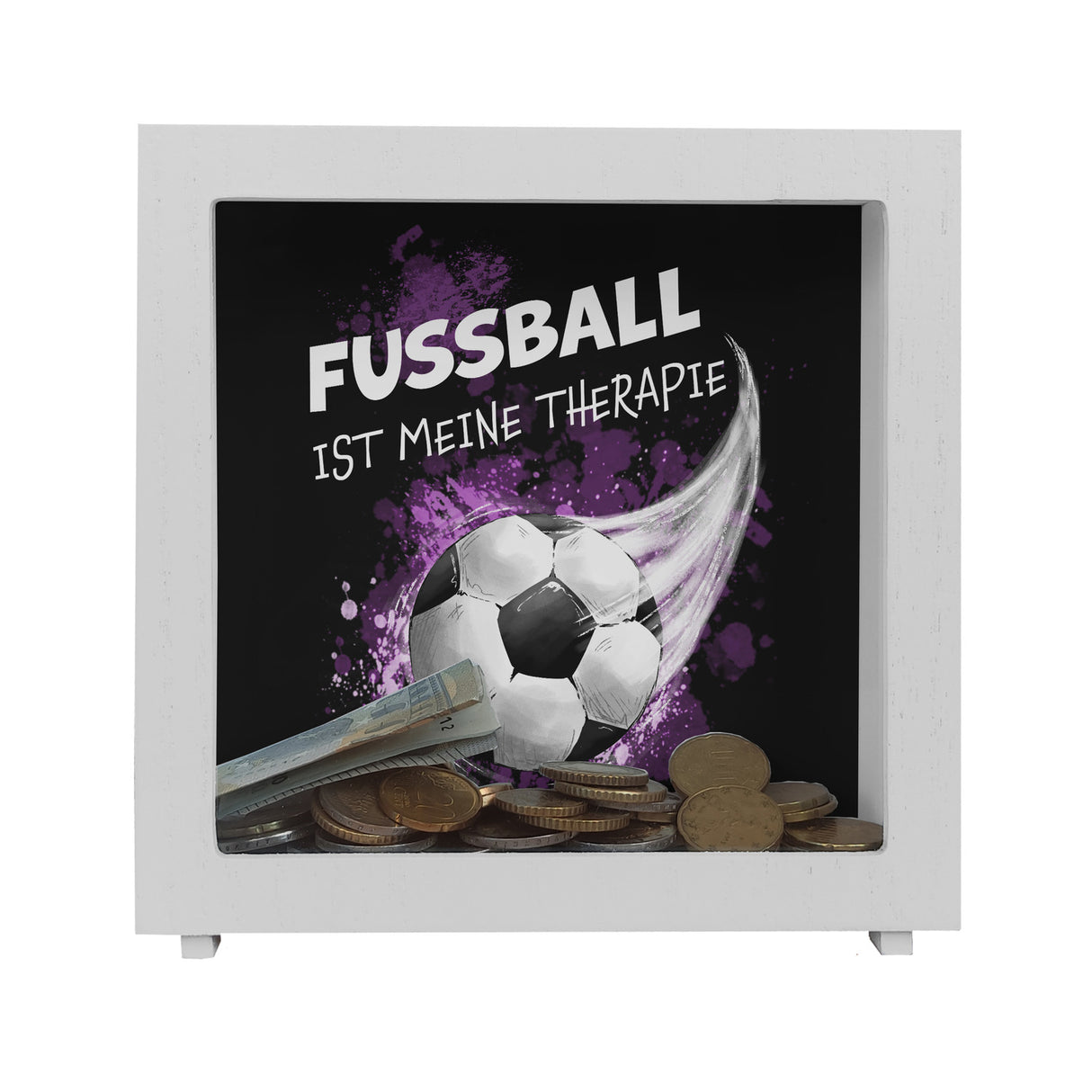 Fußball ist meine Therapie Spardose mit Fußball-Motiv