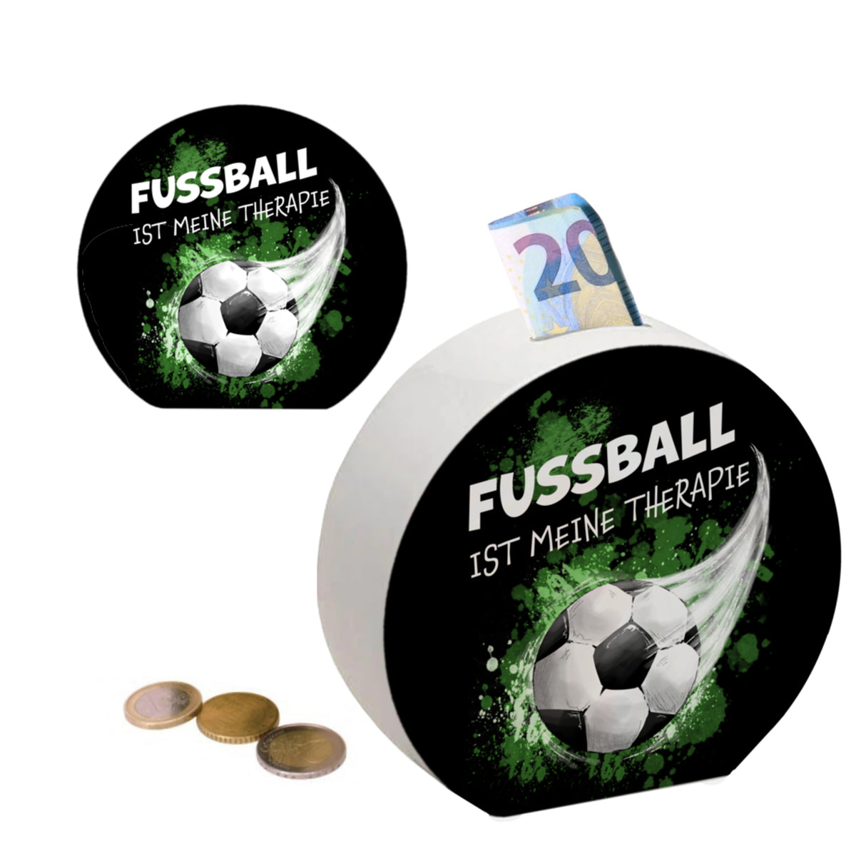 Fußball ist meine Therapie Spardose mit Fußball-Motiv