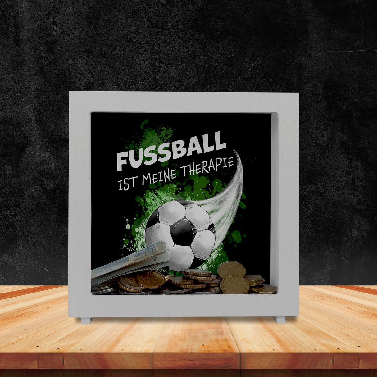 Fußball ist meine Therapie Spardose mit Fußball-Motiv