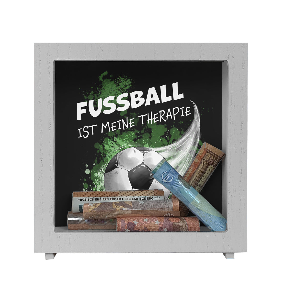Fußball ist meine Therapie Spardose mit Fußball-Motiv