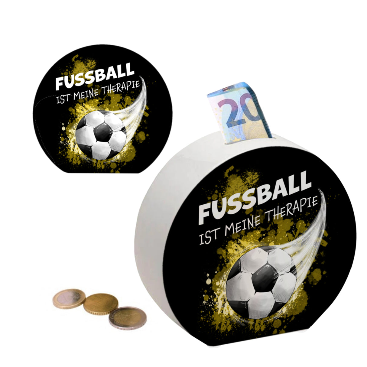 Fußball ist meine Therapie Spardose mit Fußball-Motiv