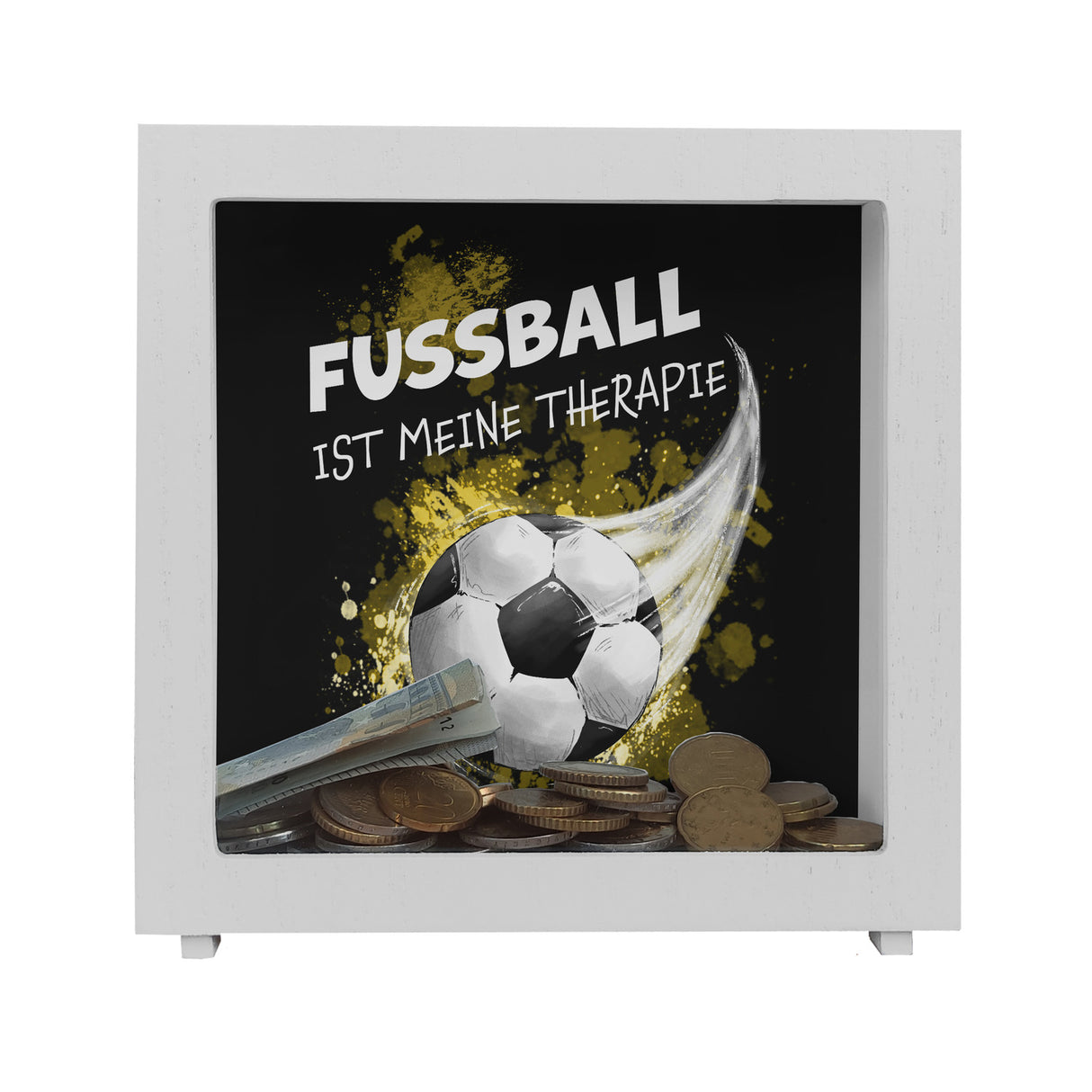 Fußball ist meine Therapie Spardose mit Fußball-Motiv