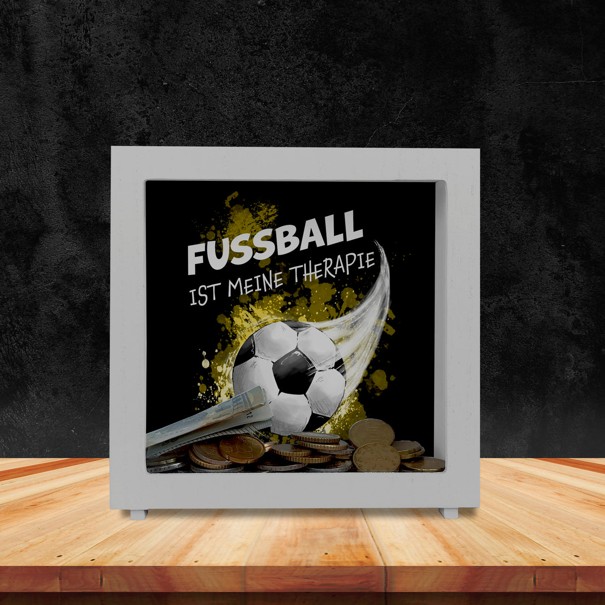 Fußball ist meine Therapie Spardose mit Fußball-Motiv