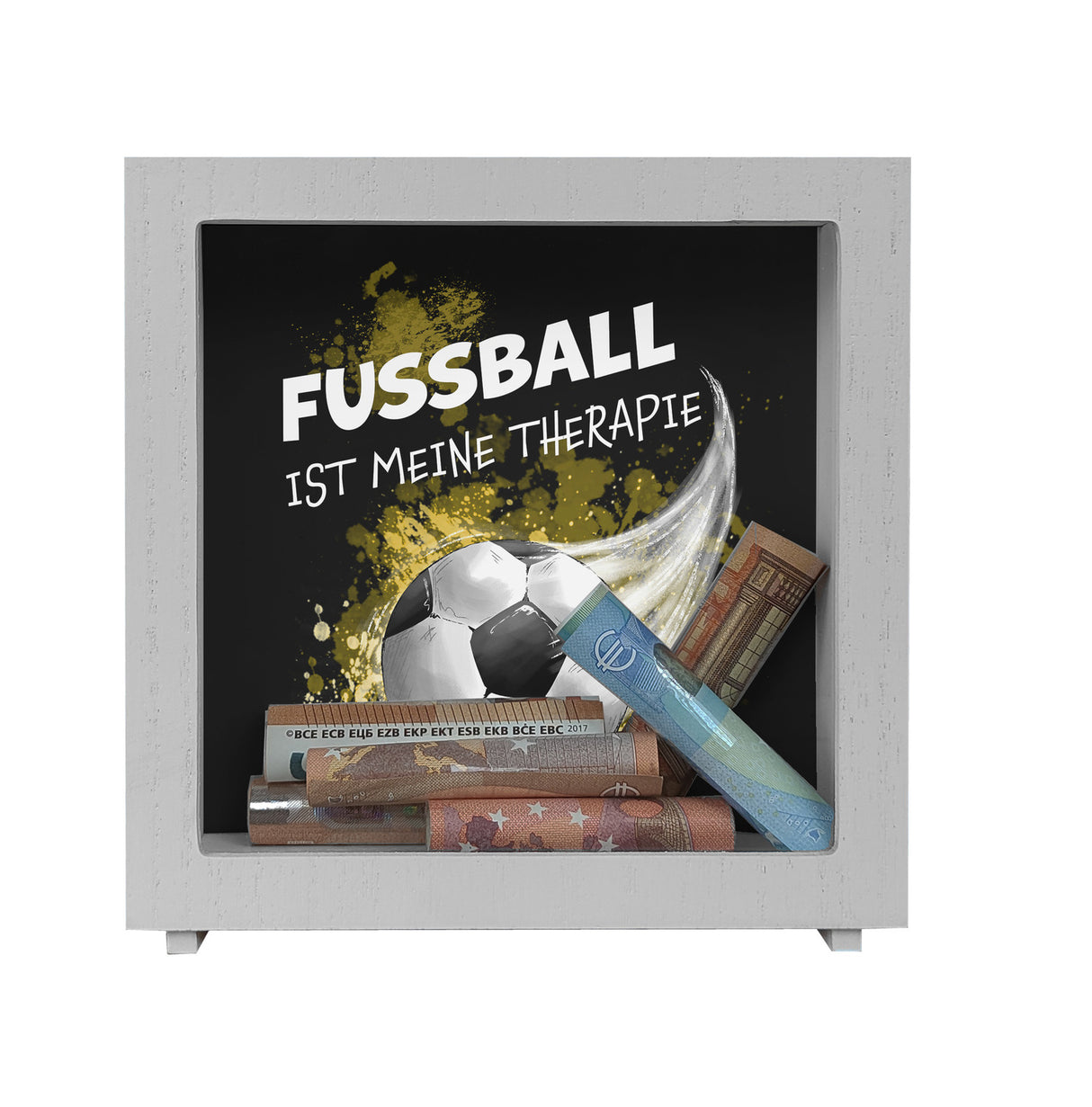 Fußball ist meine Therapie Spardose mit Fußball-Motiv