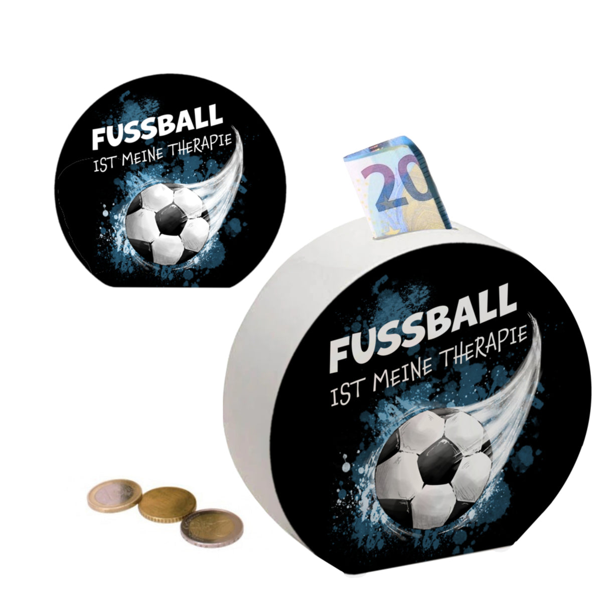 Fußball ist meine Therapie Spardose mit Fußball-Motiv