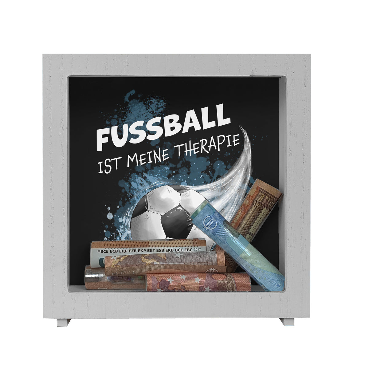 Fußball ist meine Therapie Spardose mit Fußball-Motiv