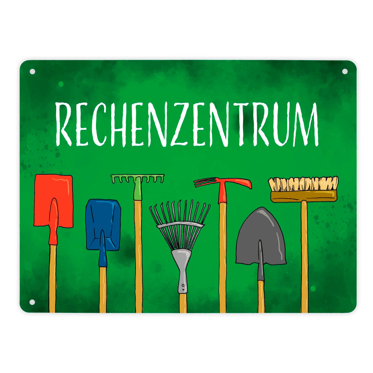 Rechenzentrum Metallschild mit Gartengeräten