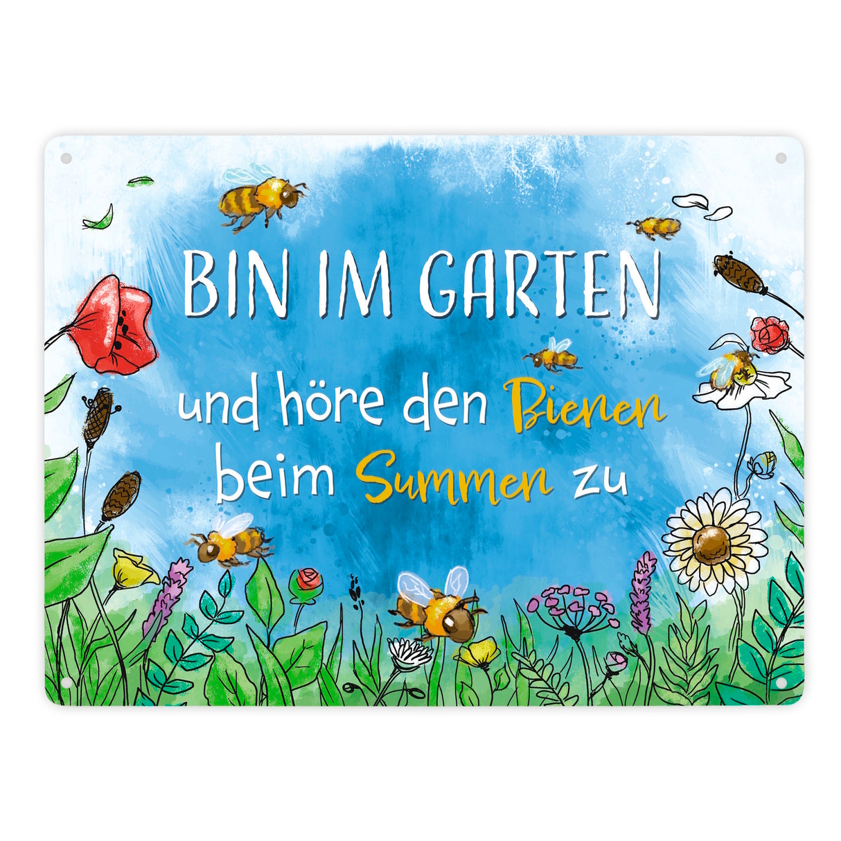 Bin im Garten Metallschild in 15x20 cm mit Blumenwiese und Bienen