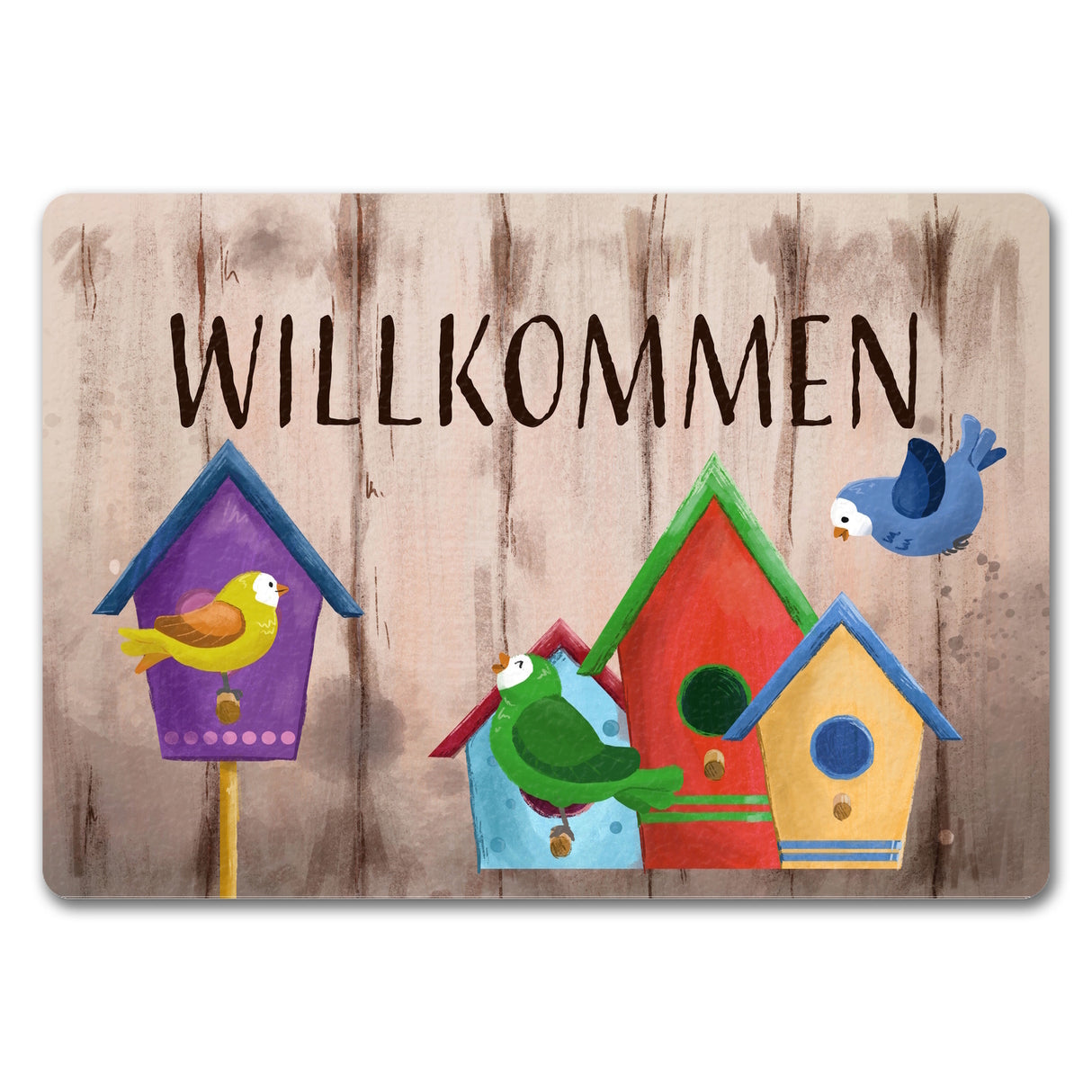 Willkommen Fußmatte mit bunten Vogelhäuschen und Vögeln