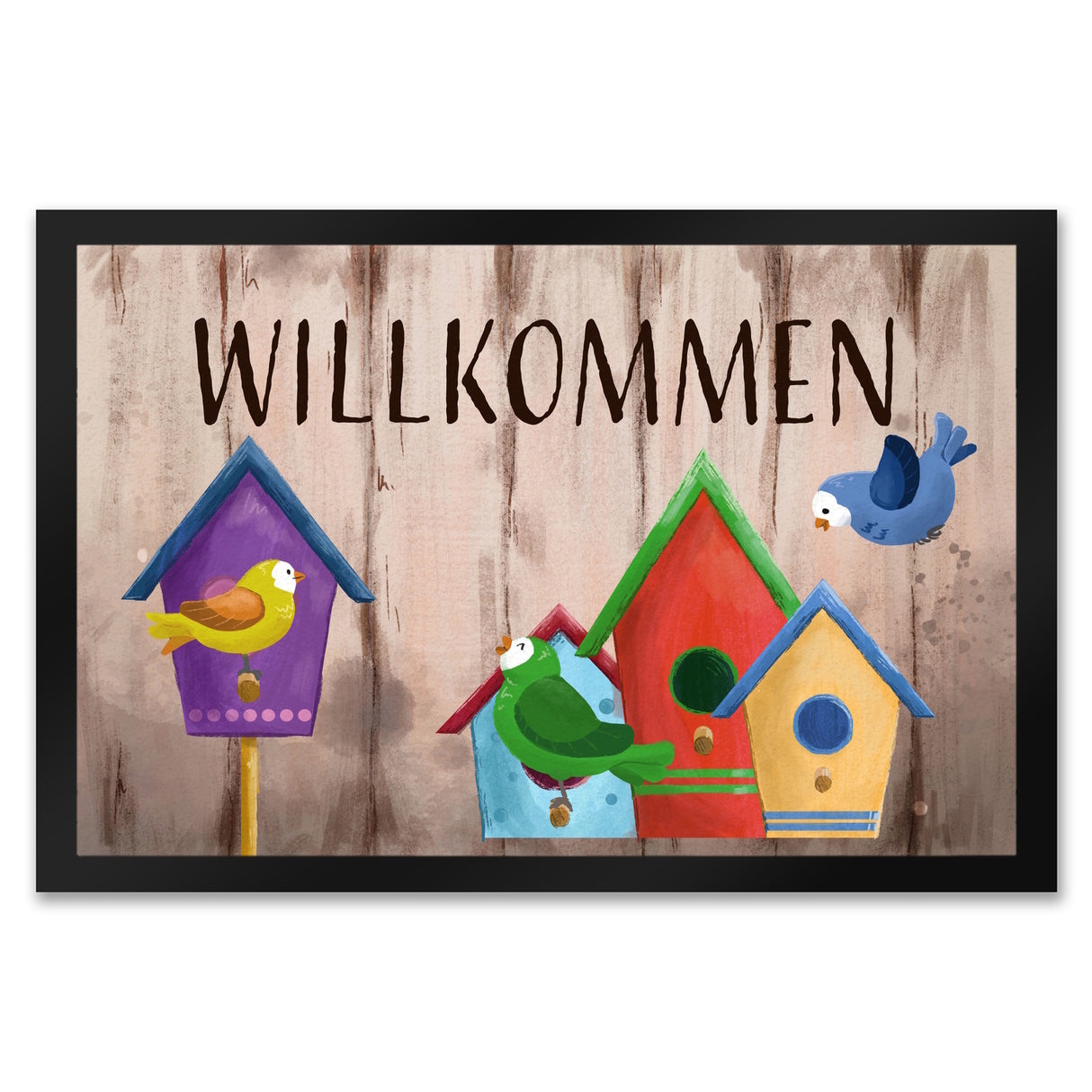Willkommen Fußmatte mit bunten Vogelhäuschen und Vögeln
