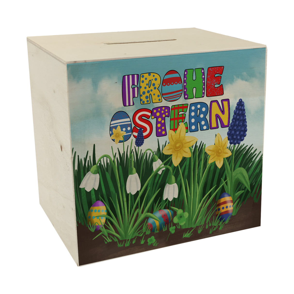 Frohe Ostern Spardose mit Osterglocken und Schneeglöckchen