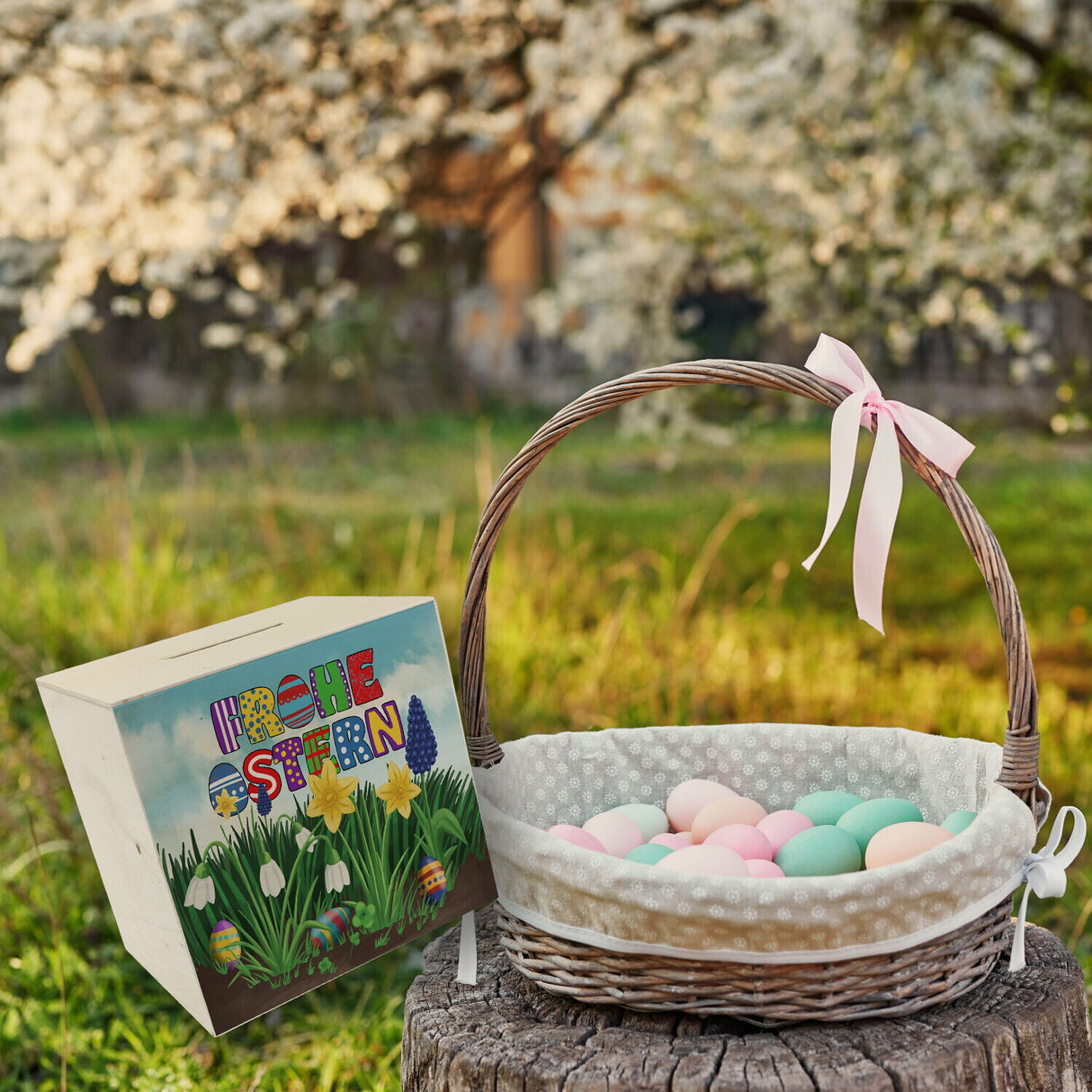 Frohe Ostern Spardose mit Osterglocken und Schneeglöckchen