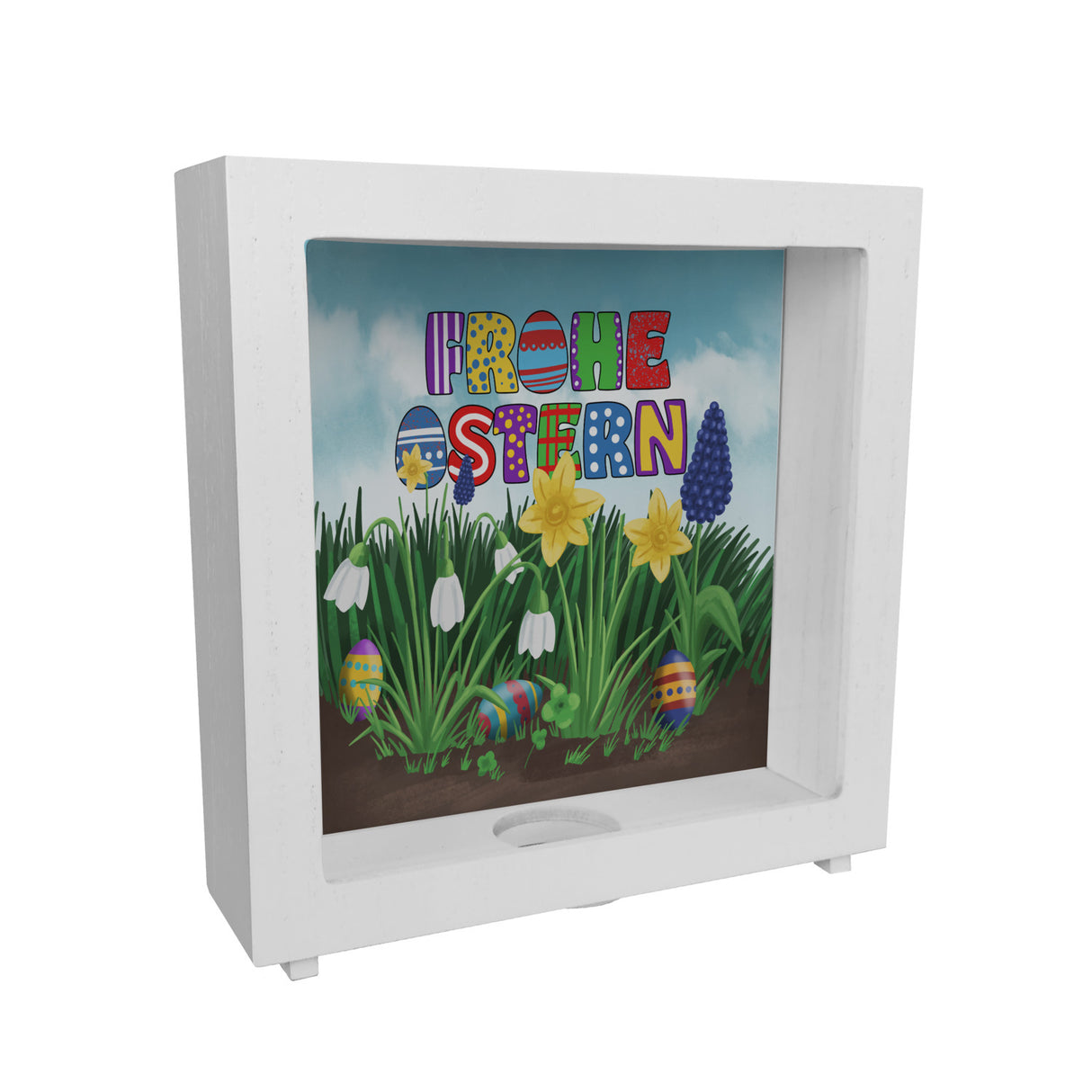 Frohe Ostern Spardose mit Osterglocken und Schneeglöckchen