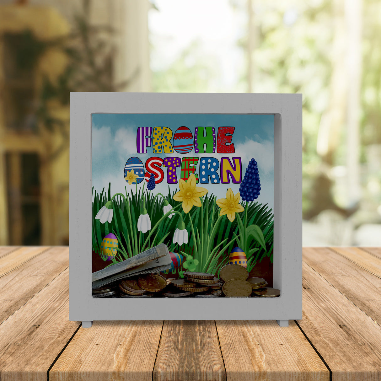 Frohe Ostern Spardose mit Osterglocken und Schneeglöckchen