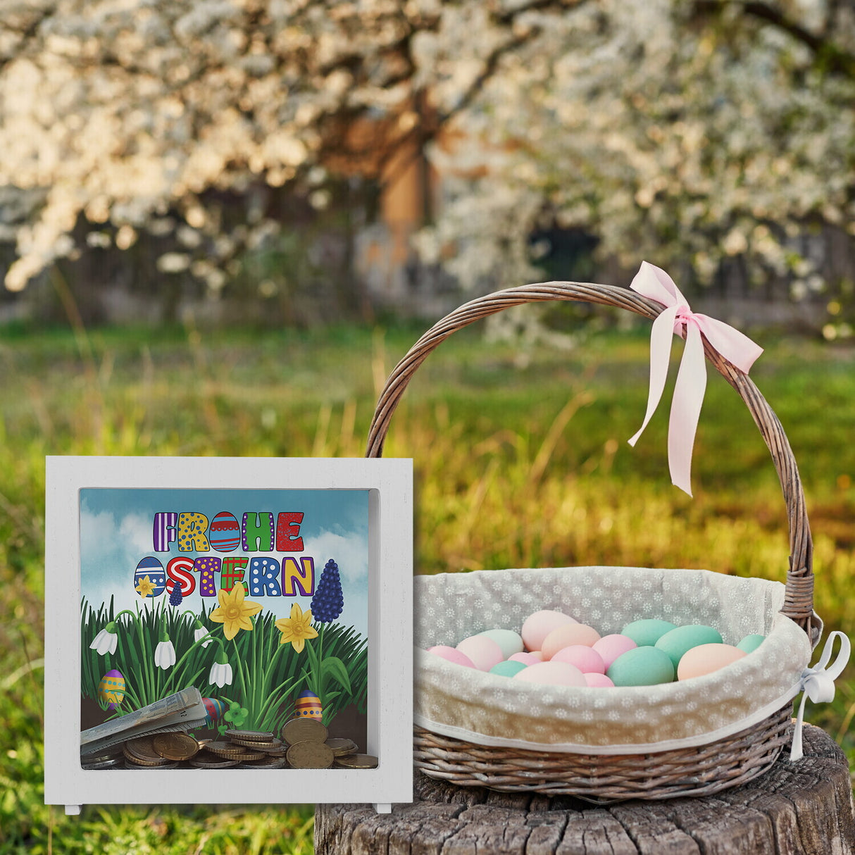 Frohe Ostern Spardose mit Osterglocken und Schneeglöckchen