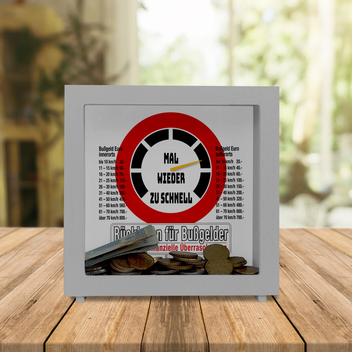 Zu schnell gefahren Bußgeld Spardose mit Straßenschild Motiv