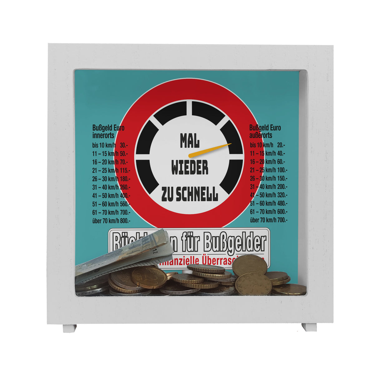 Zu schnell gefahren Bußgeld Spardose mit Straßenschild Motiv