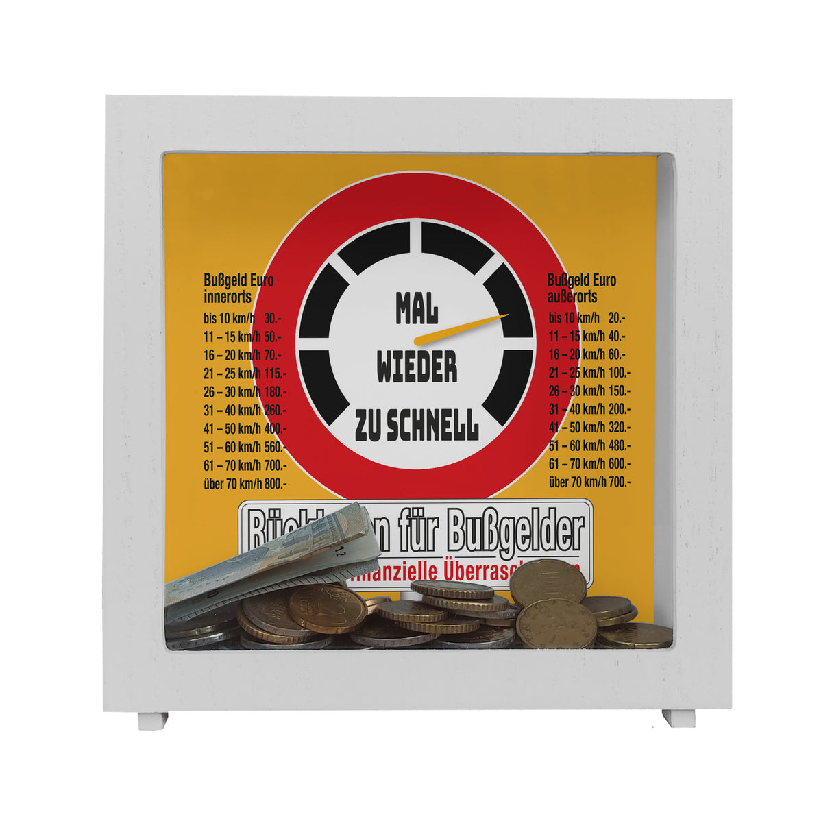 Zu schnell gefahren Bußgeld Spardose mit Straßenschild Motiv