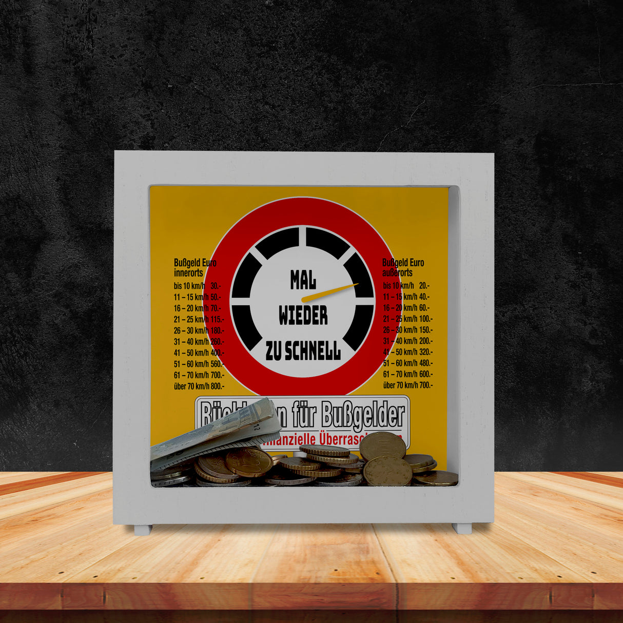 Zu schnell gefahren Bußgeld Spardose mit Straßenschild Motiv