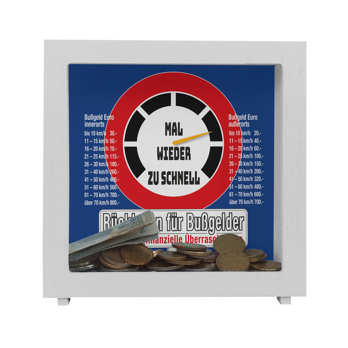 Zu schnell gefahren Bußgeld Spardose mit Straßenschild Motiv