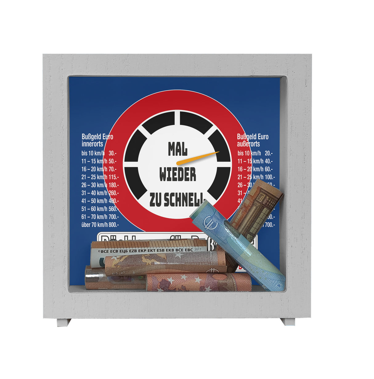 Zu schnell gefahren Bußgeld Spardose mit Straßenschild Motiv
