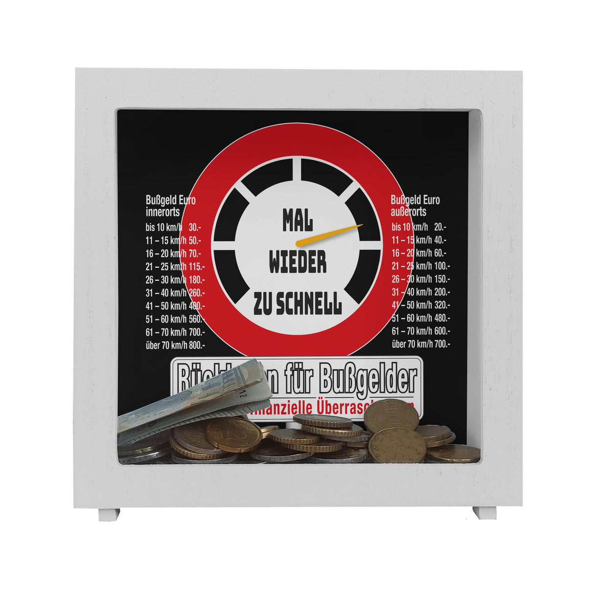 Zu schnell gefahren Bußgeld Spardose mit Straßenschild Motiv