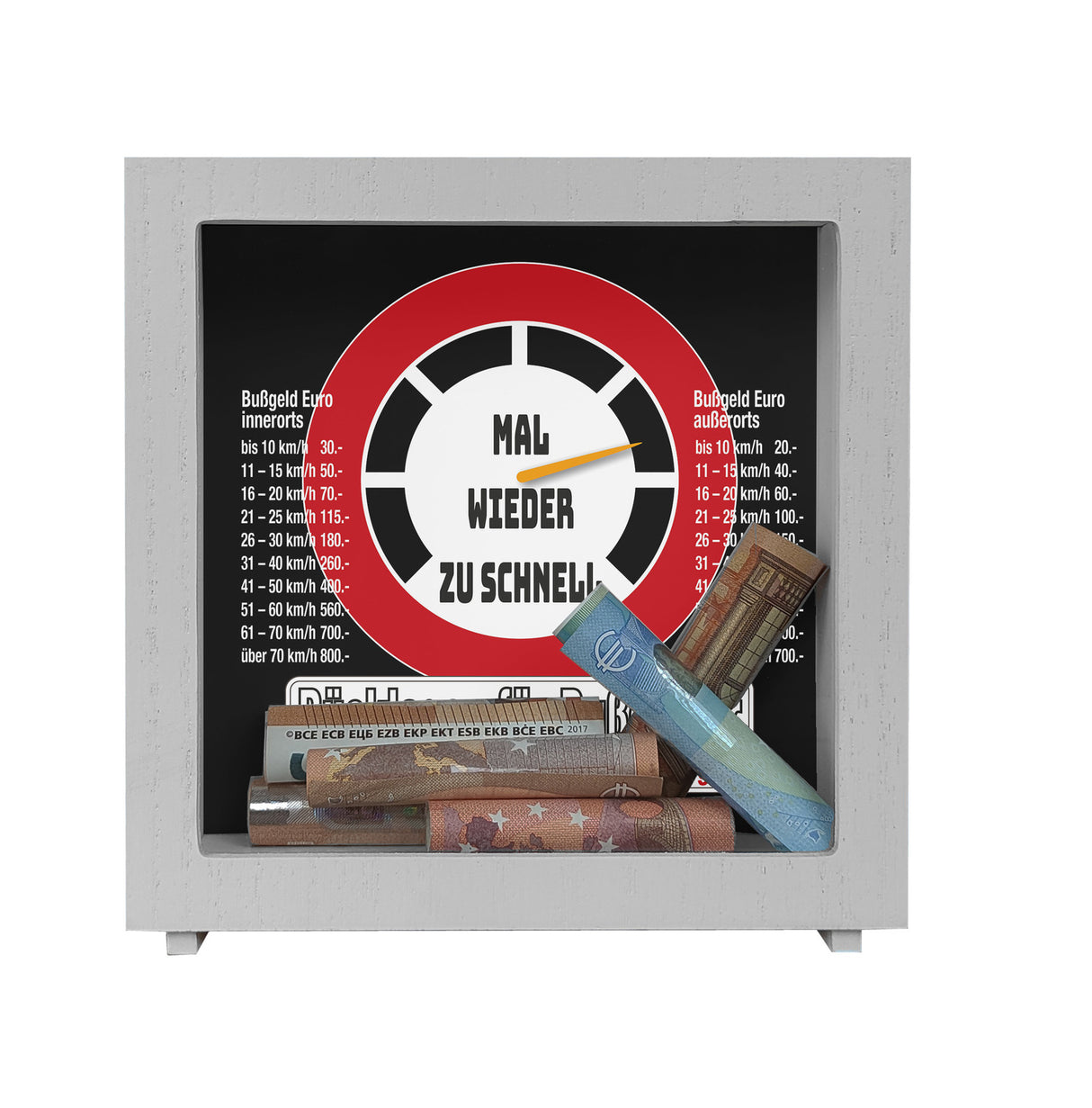Zu schnell gefahren Bußgeld Spardose mit Straßenschild Motiv