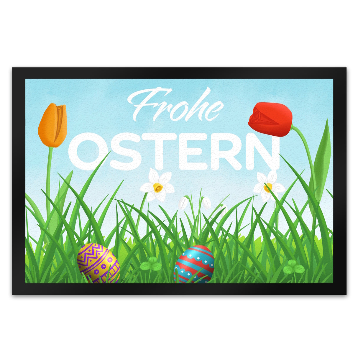 Frohe Ostern Fußmatte mit grüner Blumenwiese und bunten Ostereiern