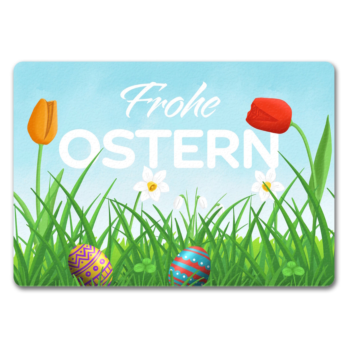 Frohe Ostern Fußmatte mit grüner Blumenwiese und bunten Ostereiern