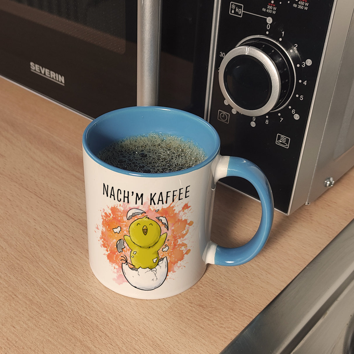 Vor'm Kaffee - nach'm Kaffee Kaffeebecher mit süßem Küken im Ei