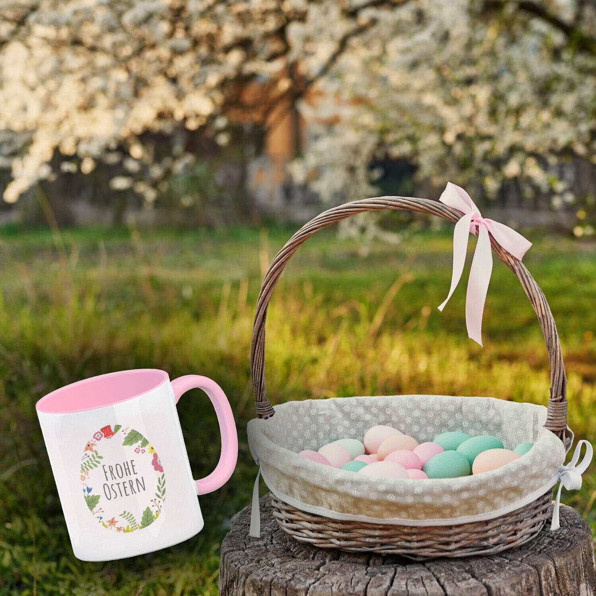 Frohe Ostern Kaffeebecher mit Blumen und Osterei