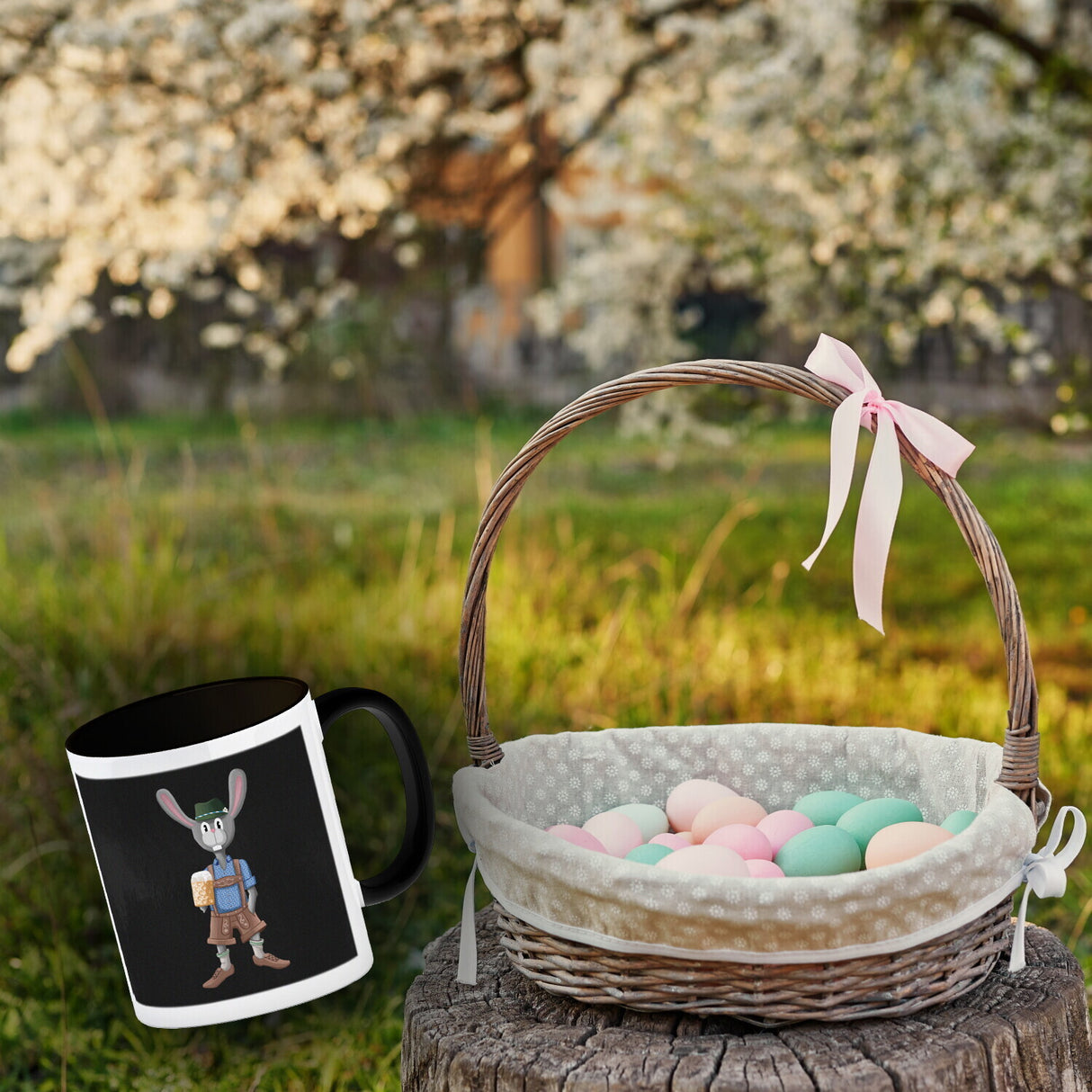 Süffige Ostern Kaffeetasse mit bayerischem Osterhasen in Lederhosen