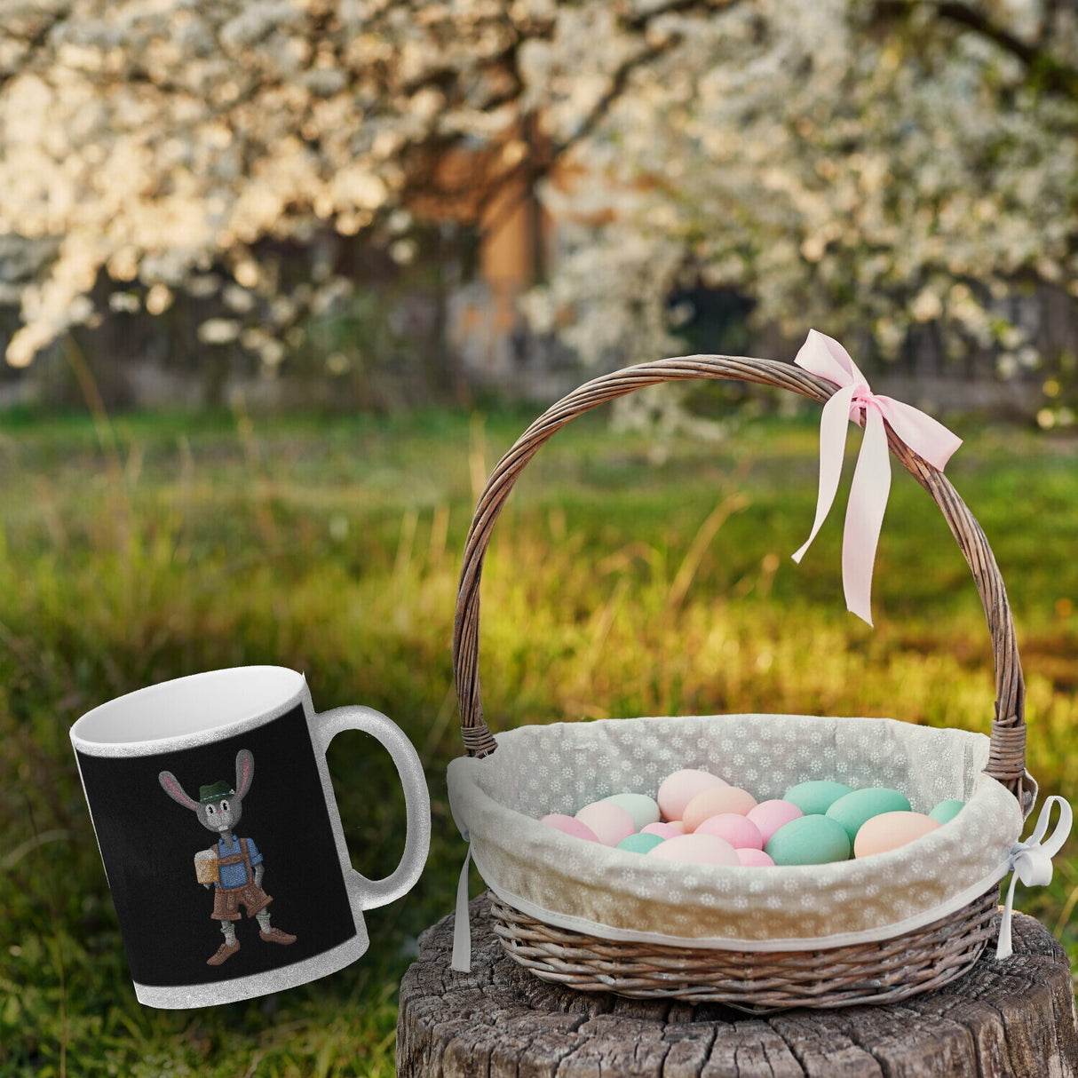 Süffige Ostern Kaffeetasse mit bayerischem Osterhasen in Lederhosen