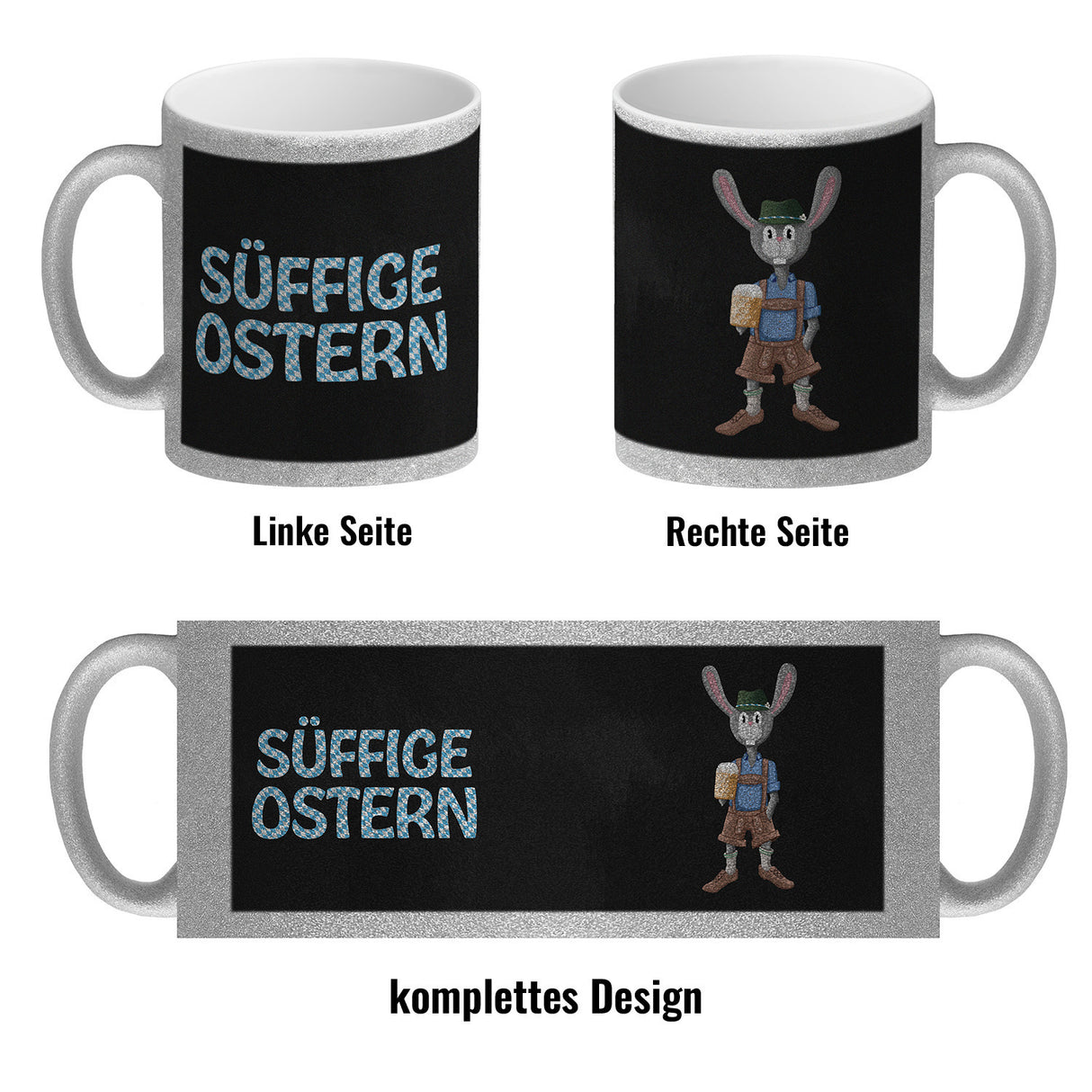 Süffige Ostern Kaffeetasse mit bayerischem Osterhasen in Lederhosen