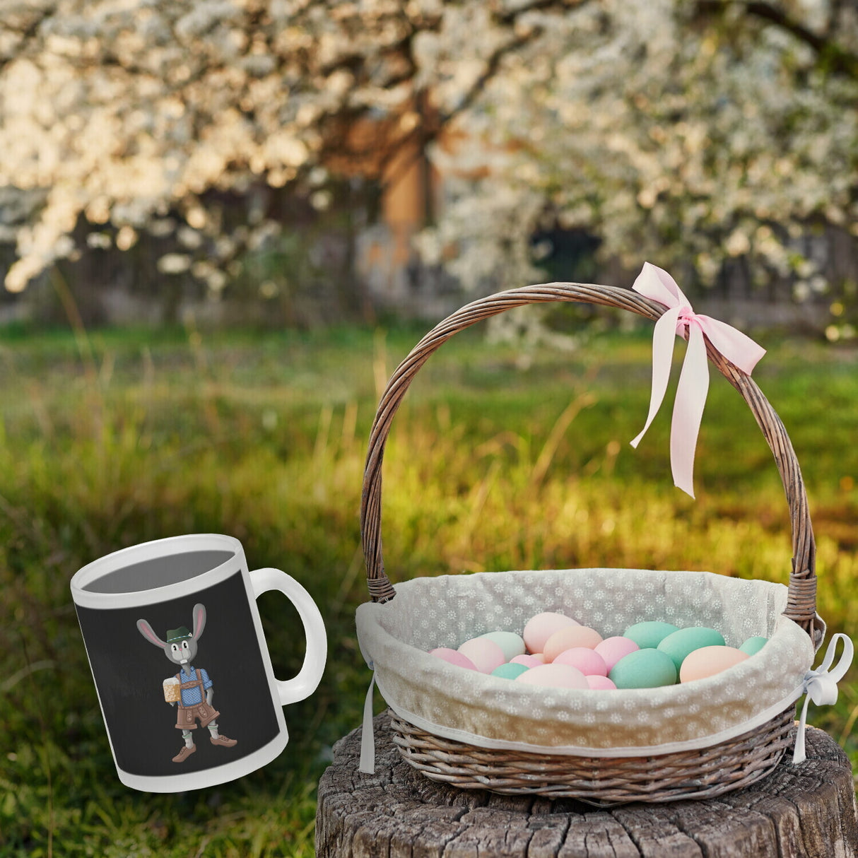 Süffige Ostern Kaffeetasse mit bayerischem Osterhasen in Lederhosen