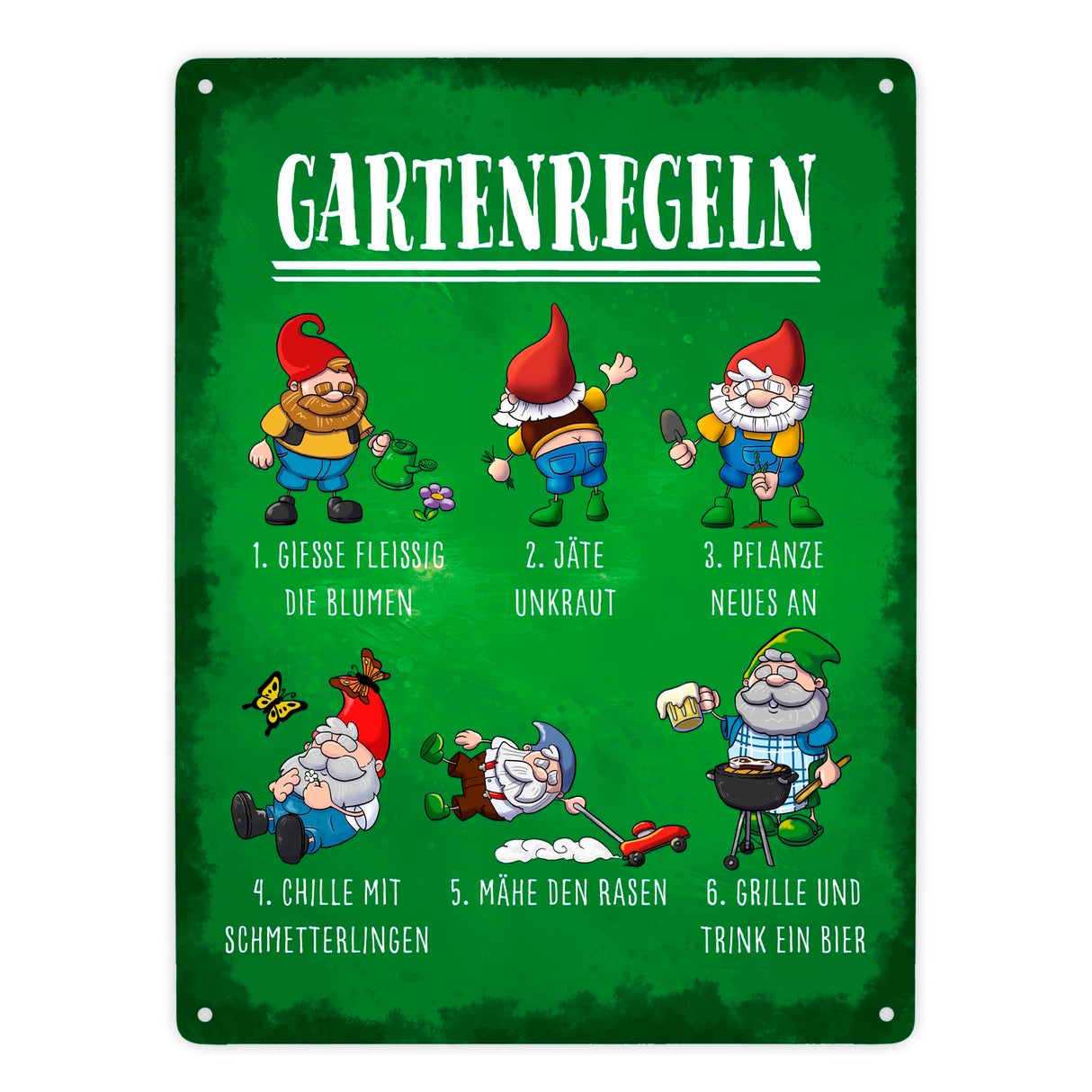 Gartenregeln Metallschild mit lustigen Gartenzwergen