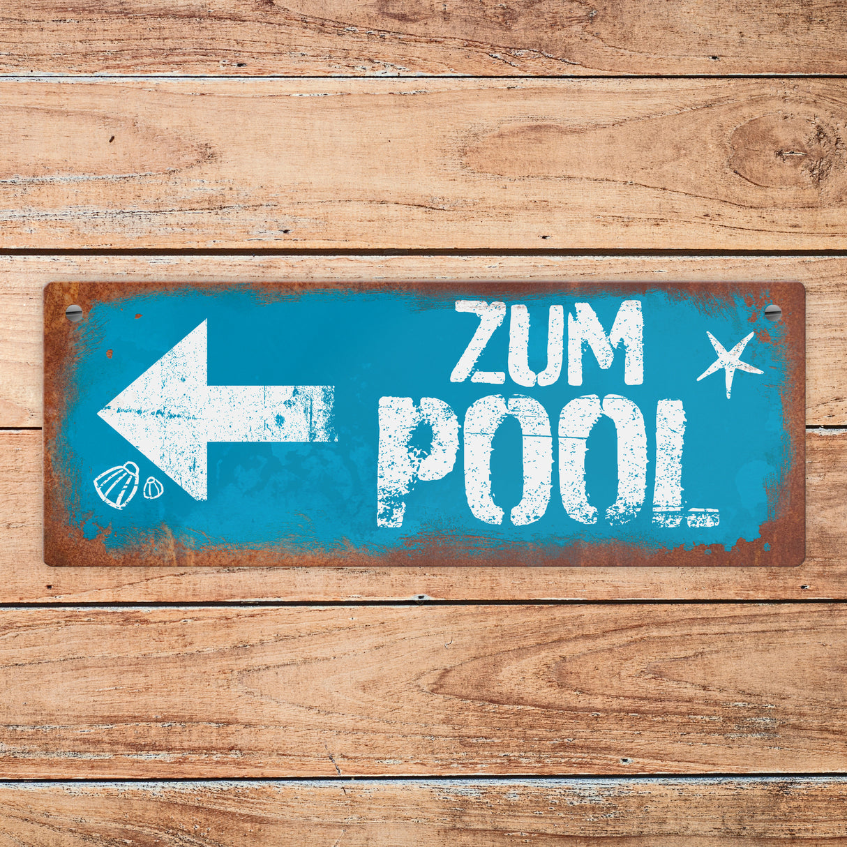 Zum Pool geradeaus Metallschild in Rostoptik