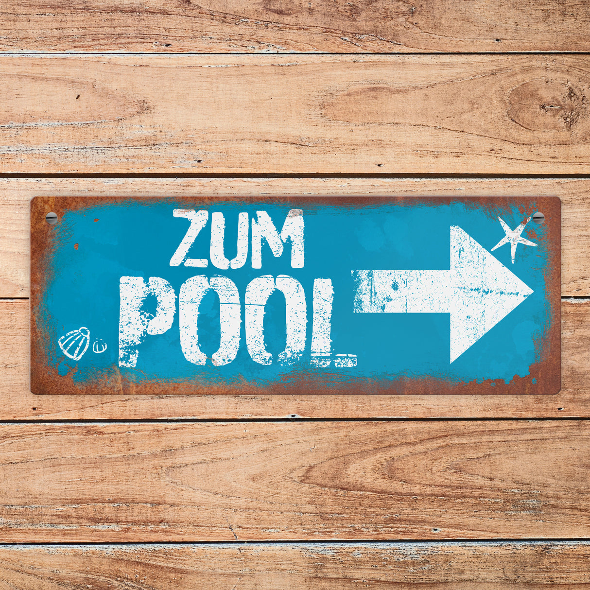 Zum Pool geradeaus Metallschild in Rostoptik