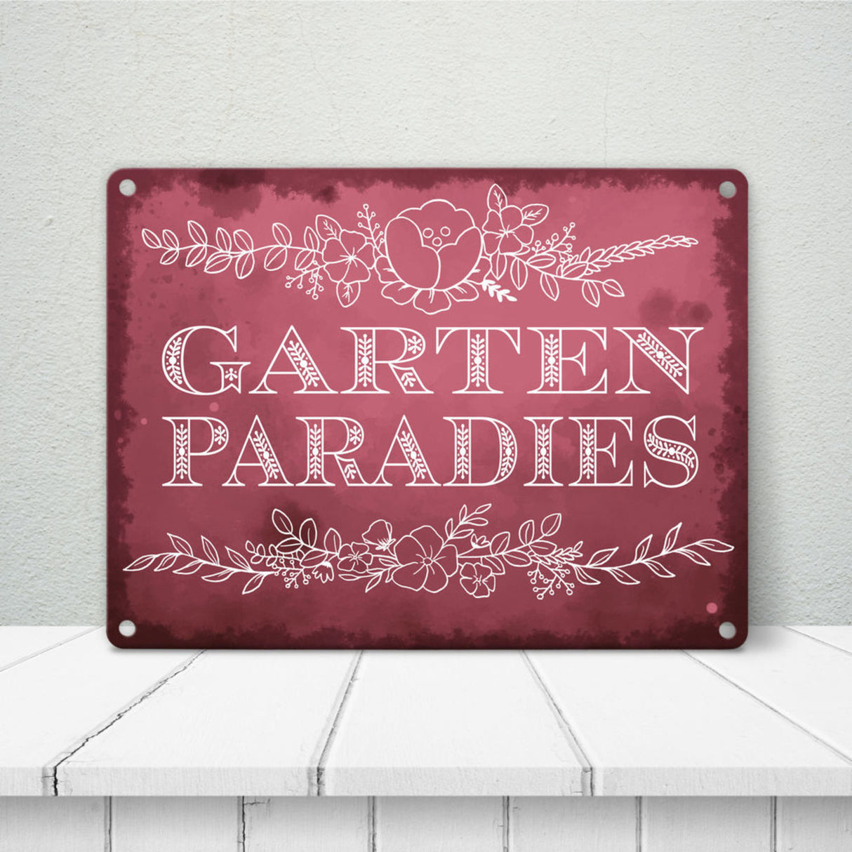 Gartenparadies Metallschild in türkis mit floralen Ornamenten