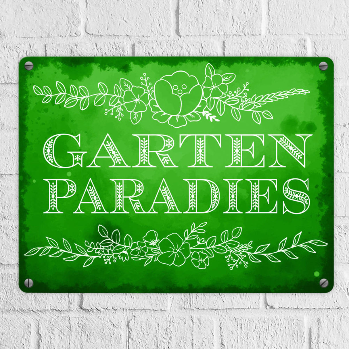 Gartenparadies Metallschild in türkis mit floralen Ornamenten