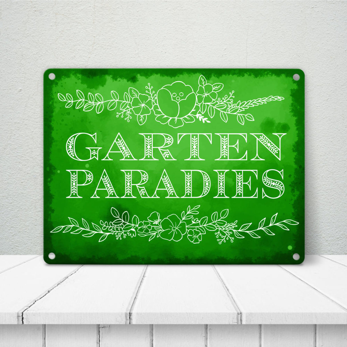 Gartenparadies Metallschild in türkis mit floralen Ornamenten