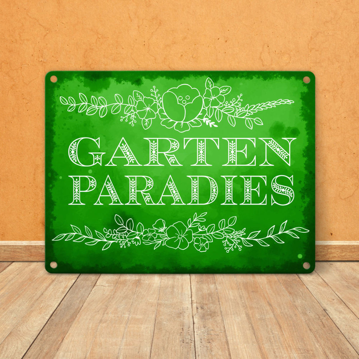 Gartenparadies Metallschild in türkis mit floralen Ornamenten