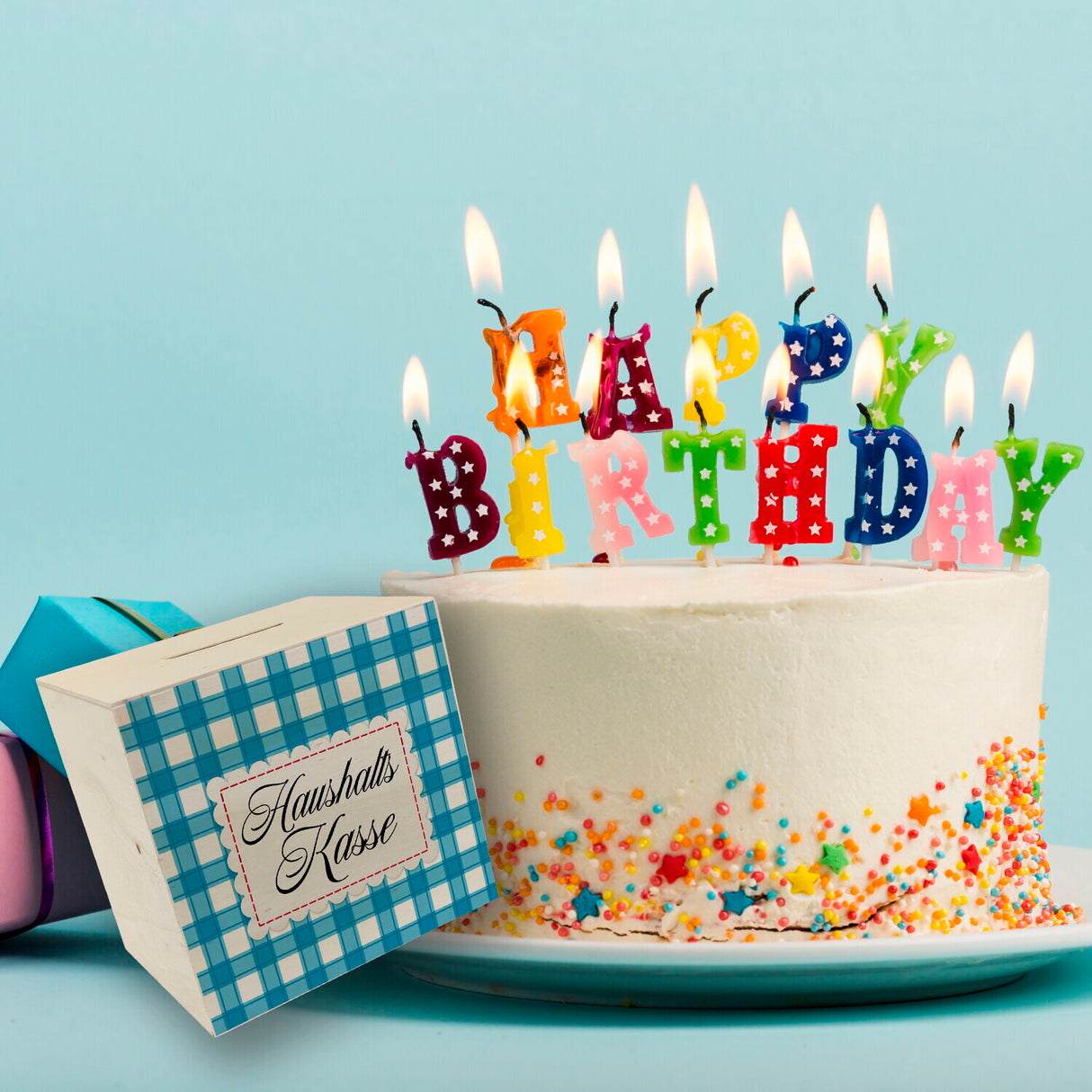 Haushaltskasse Spardose mit blau-weiß kariertem Muster