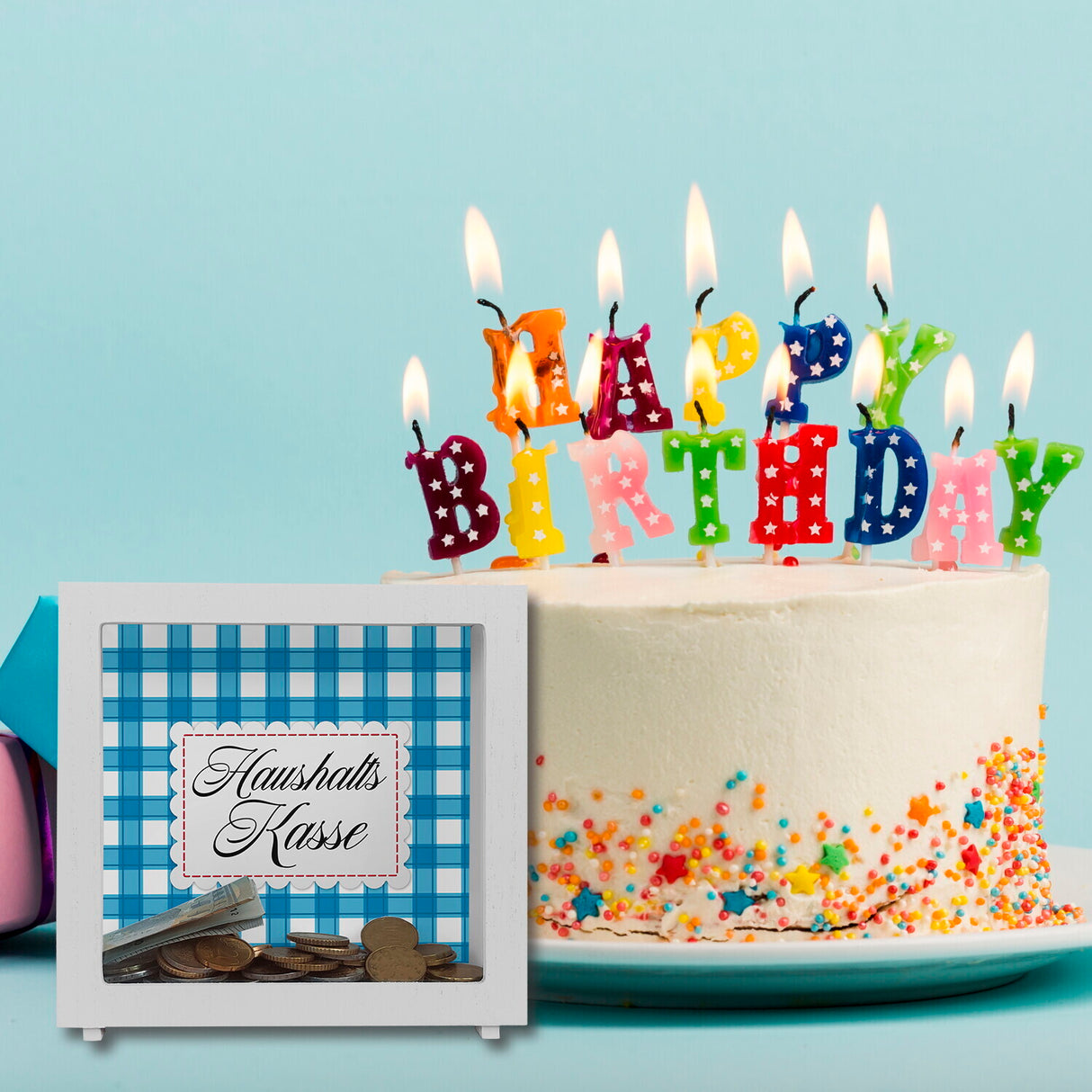 Haushaltskasse Spardose mit blau-weiß kariertem Muster