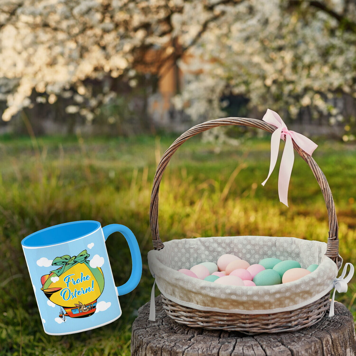 Osterhase im Zeppelin Kaffeebecher zum Thema Frohe Ostern