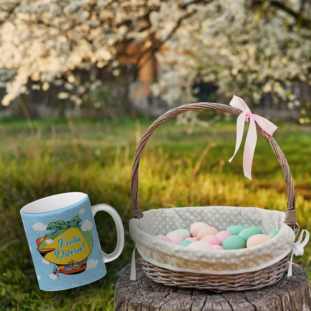 Osterhase im Zeppelin Kaffeebecher zum Thema Frohe Ostern