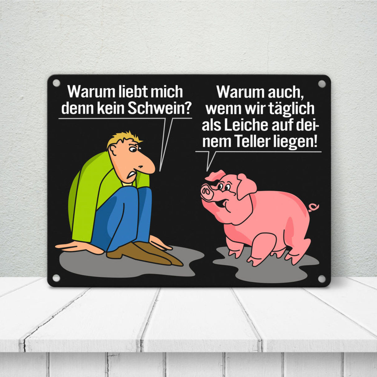 Schweine Metallschild zum Thema Fleischesser und Vegetarier