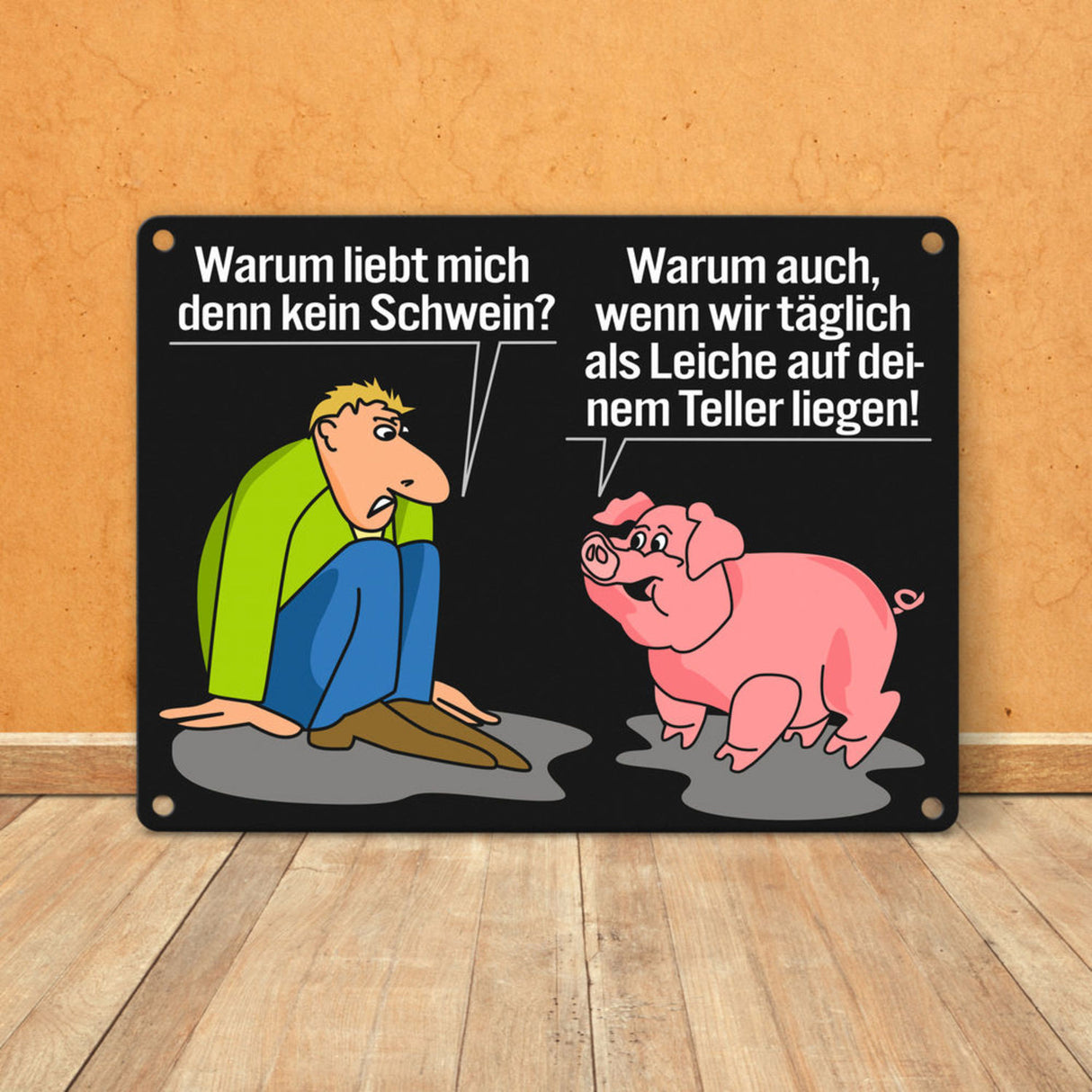 Schweine Metallschild zum Thema Fleischesser und Vegetarier