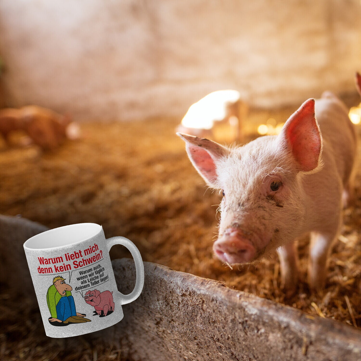 Kaffeebecher zum Thema Fleischesser und Vegetarier mit Schweine Motiv