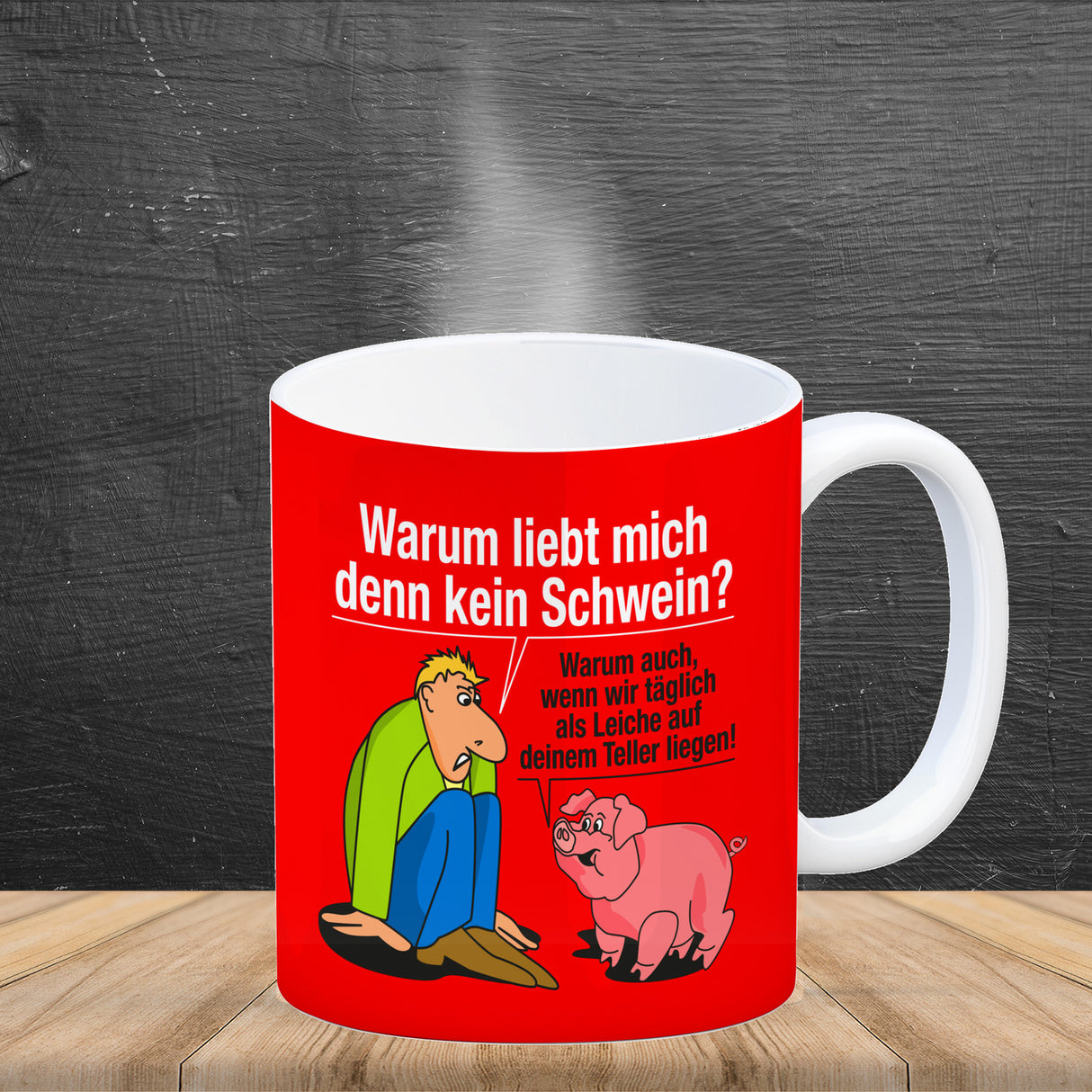 Kaffeebecher zum Thema Fleischesser und Vegetarier mit Schweine Motiv
